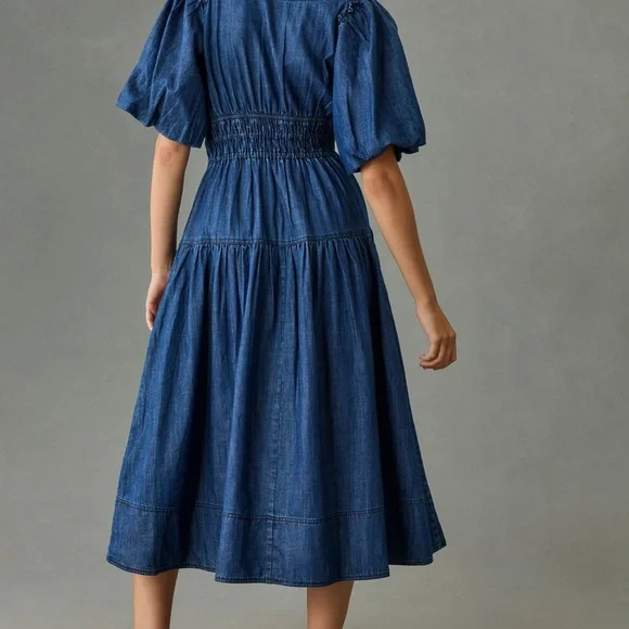 Pilcro puff sleeve V-Neck Denim Midi Dress with Smocked Waist M - Picture 3 of 13